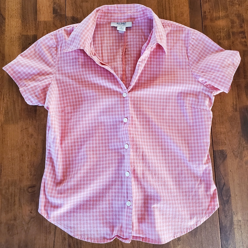 Old Navy Cotton Stretch Collared Button Gingham Shirt Size Medium M